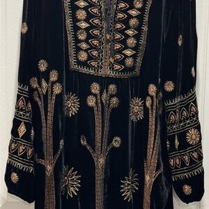 Johnny Was Black and Gold Embroidered Long Sleeve Dress